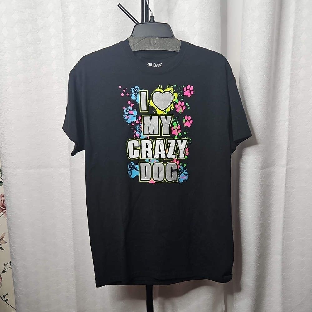 Gildan Black T-Shirt with Colorful Dog Design Medium